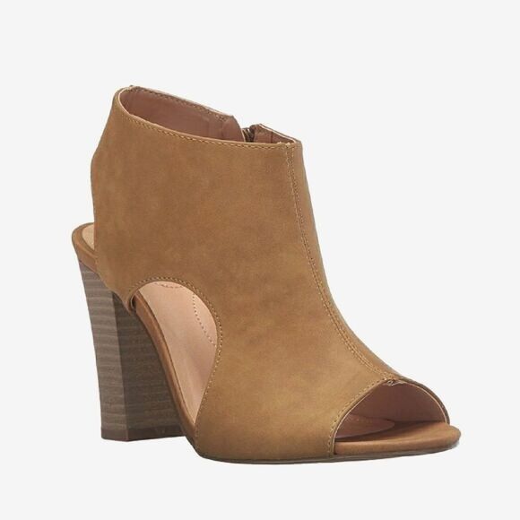 New! XOXO Cutout Peep-Toe Slingback Bootie Tan Brown Sandals Shoes Block Heels - Picture 1 of 8